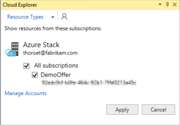 选择要在 Cloud Explorer 中管理的订阅