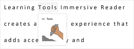 沉浸式阅读器图片字典的屏幕截图，其中显示了单词 tool 的工具图片。