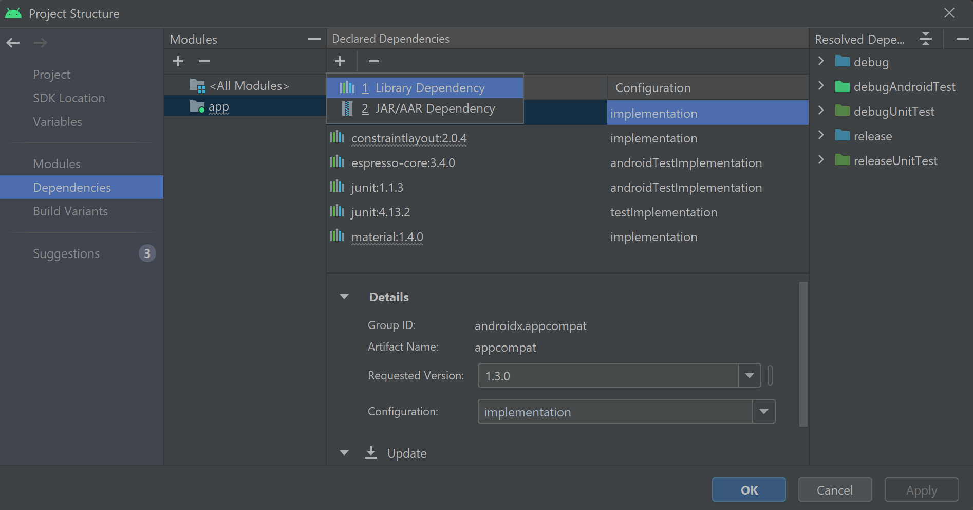 显示如何在 Android Studio 中添加库依赖项的屏幕截图。