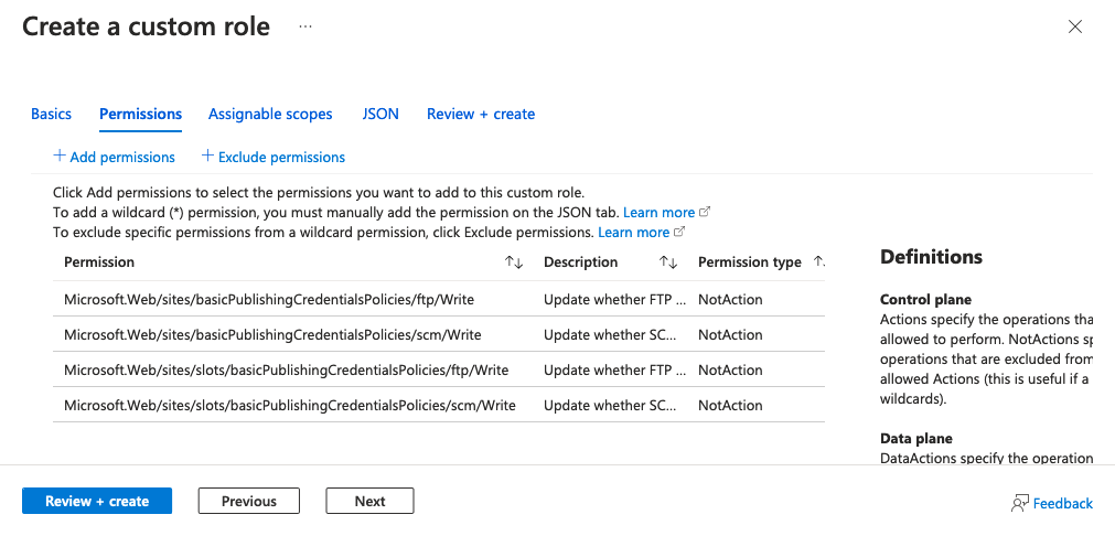 A screenshot showing the creation of a custom role with all basic authentication permissions excluded.