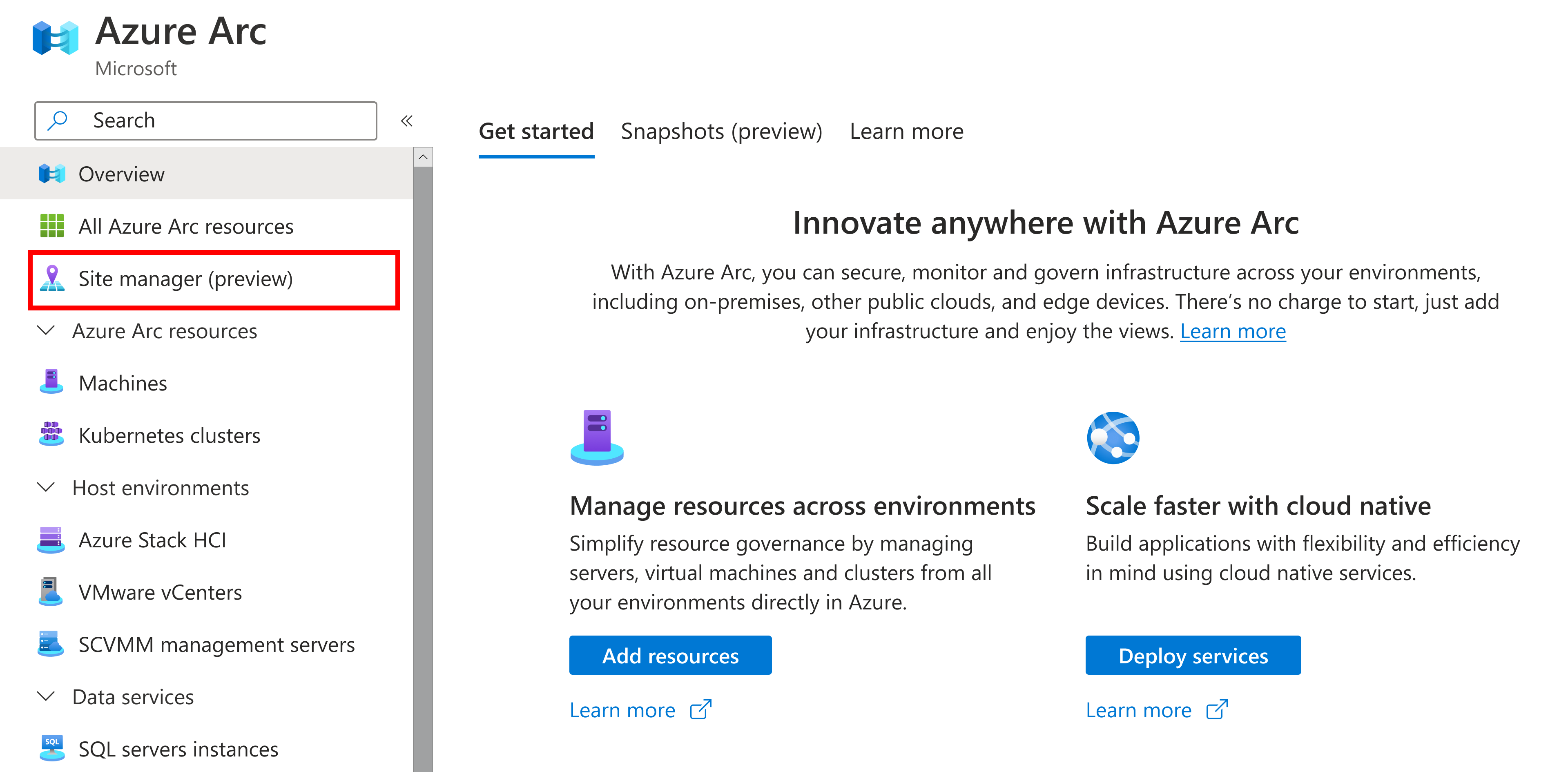 显示从 Azure Arc 概述中选择站点管理器的屏幕截图。