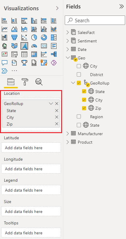 显示 Power BI Desktop 中的“可视化”和字段窗格的屏幕截图，其中突出显示了Azure Maps 视觉对象位置字段。