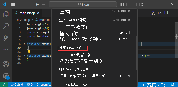 “部署 Bicep 文件”的屏幕截图。