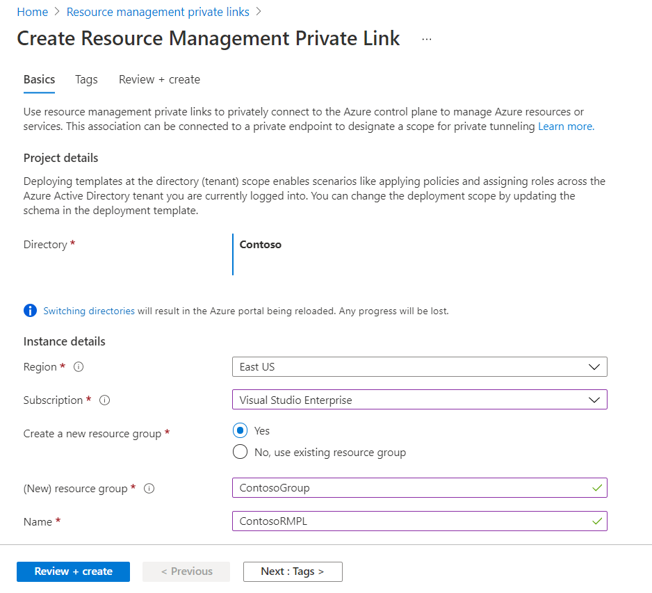 Azure 门户的屏幕截图，其中有为新资源管理专用链接提供值的字段。