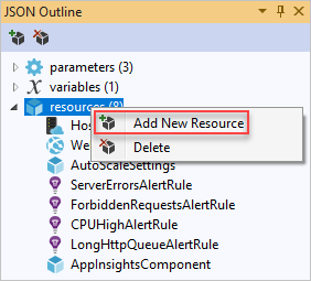 突出显示添加新资源选项的 JSON 大纲窗口的屏幕截图。