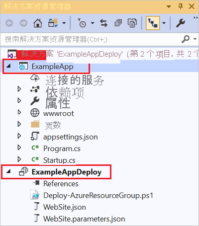 Visual Studio 解决方案资源管理器显示解决方案中两个项目的屏幕截图。