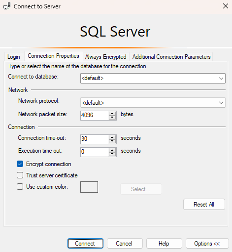 “选项”菜单的 SSMS 屏幕截图。