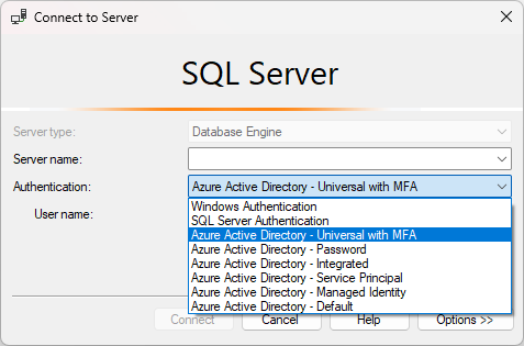 SSMS 中“连接到服务器”对话框的屏幕截图。在“身份验证”下拉列表中选择了“Active Directory - 通用和 MFA”。