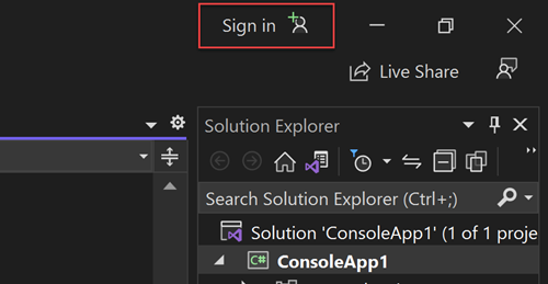 显示使用 Visual Studio 时用于登录到 Azure 的按钮的屏幕截图。