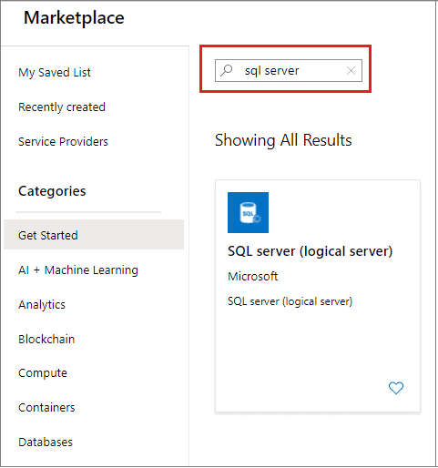 Screenshot of the Azure portal resource search for sql server showing SQL server logical server as the result.