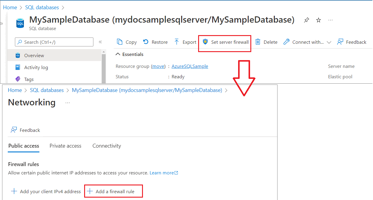 Screenshot of the Azure portal Set Server firewall rule page for an Azure SQL Database.