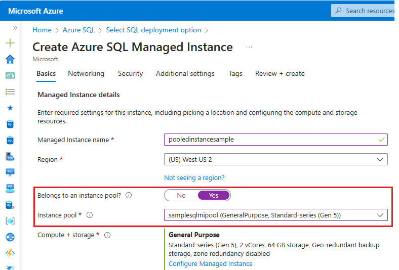 Azure 门户中“创建 Azure SQL 托管实例”页的屏幕截图，其中已选择属于实例池。