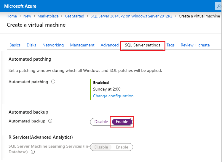 Azure 门户中的 SQL 自动备份配置的屏幕截图。