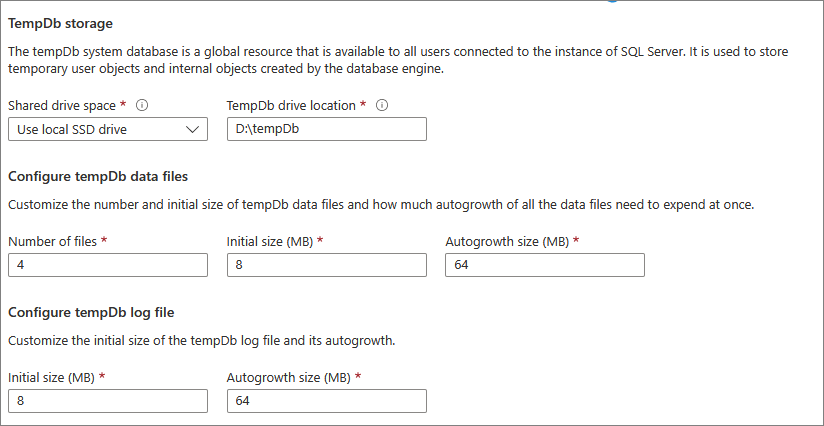 Azure 门户的屏幕截图，其中显示了 tempdb 存储的配置设置。