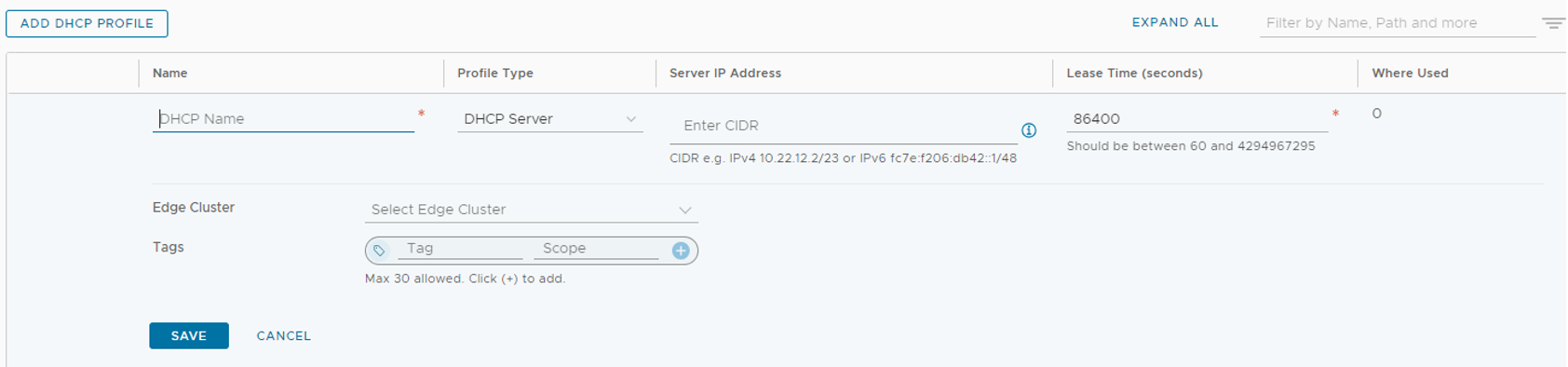 显示如何在 NSX 管理器中添加 DHCP 配置文件的屏幕截图。