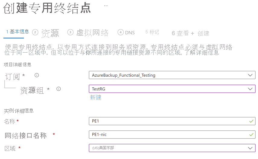 显示“创建专用终结点”页面(用于输入终结点创建的详细信息)的屏幕截图。