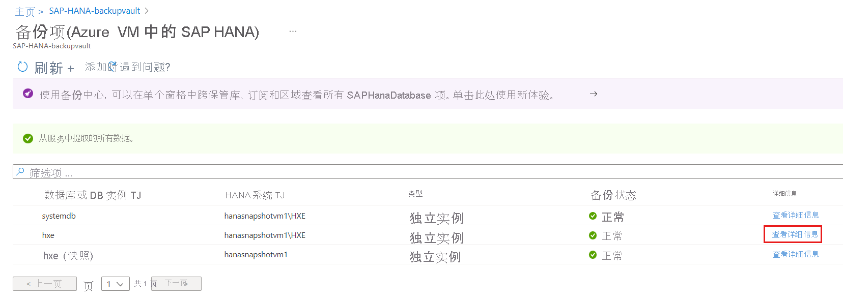 显示 HANA 租户数据库对应的“查看详细信息”链接的屏幕截图。