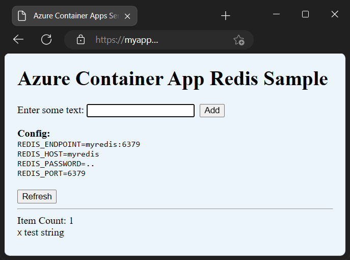 运行 Redis 缓存服务的容器应用的屏幕截图。