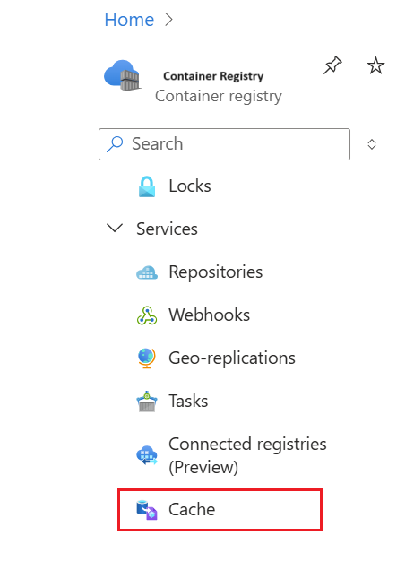 Screenshot showing the Cache option in the service menu of a container registry in the Azure portal.