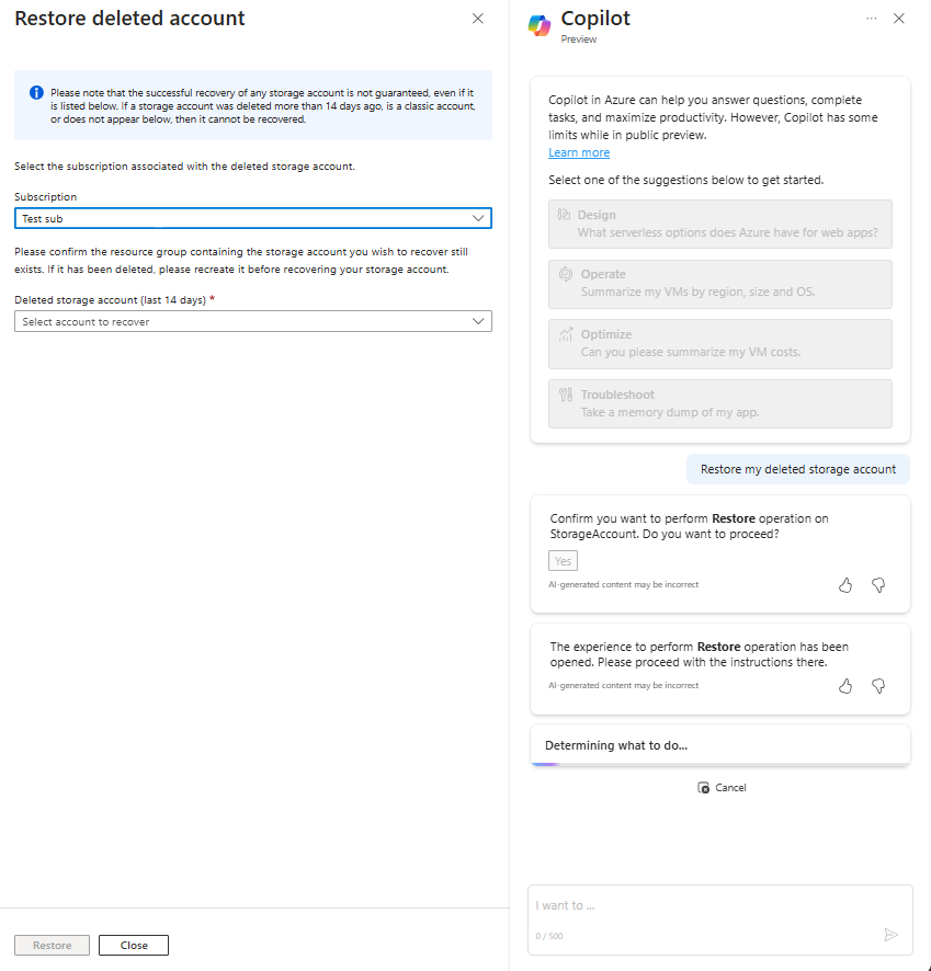 Microsoft Azure Copilot 对还原已删除的存储帐户的请求做出响应的屏幕截图。