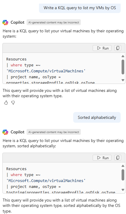屏幕截图显示了 Microsoft Copilot in Azure（预览版）生成，然后修改查询以按 OS 列出 VM。