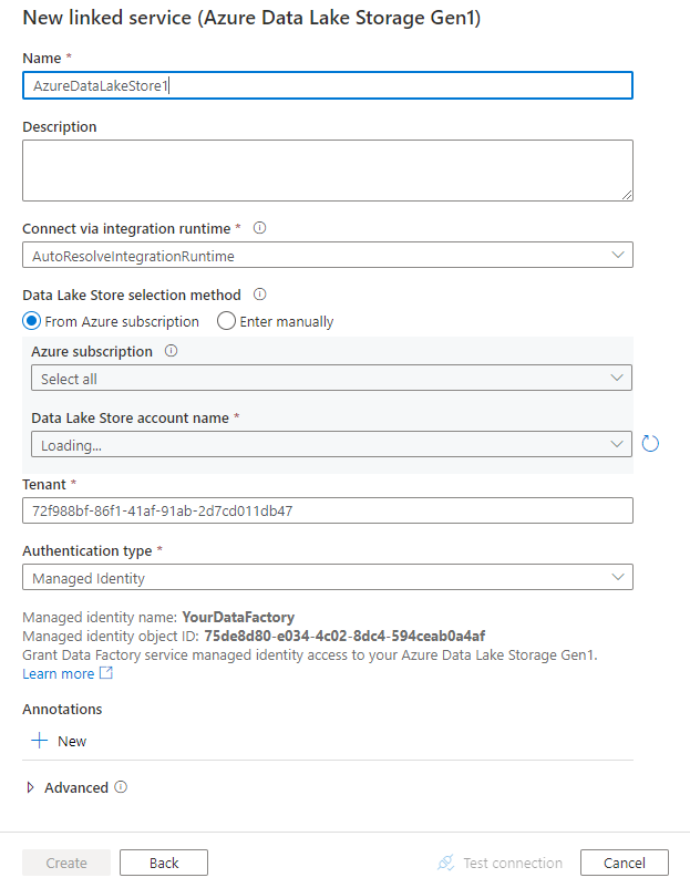 Azure Data Lake Storage Gen1 的链接服务配置的屏幕截图。