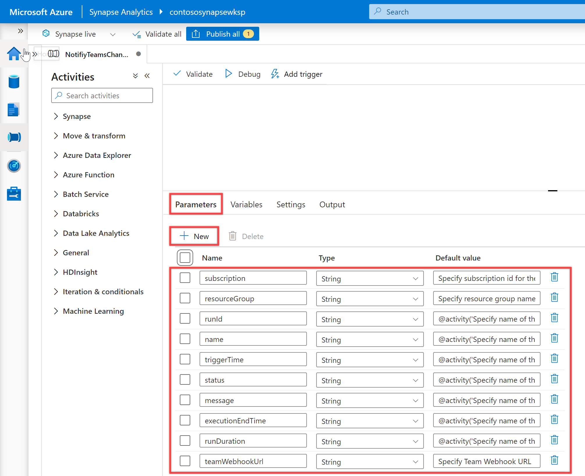 Shows the "Pipeline parameters".