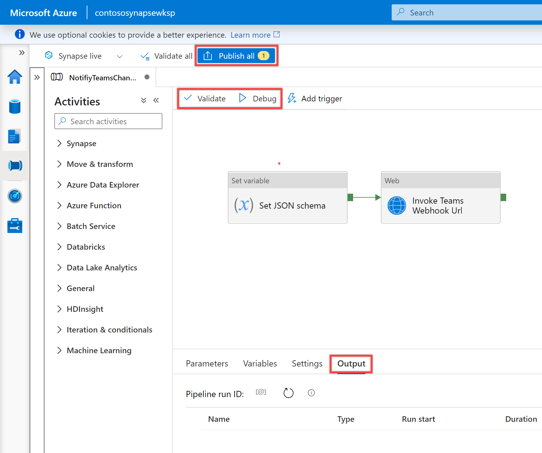 Shows the "Validate, Debug, Publish" buttons to validate, debug, and then publish your pipeline.