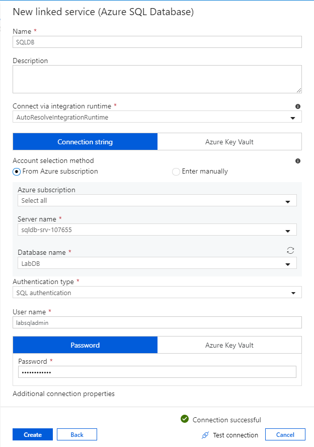 Azure 门户的屏幕截图，显示配置新的 Azure SQL 数据库链接服务，其中有已成功测试的连接。