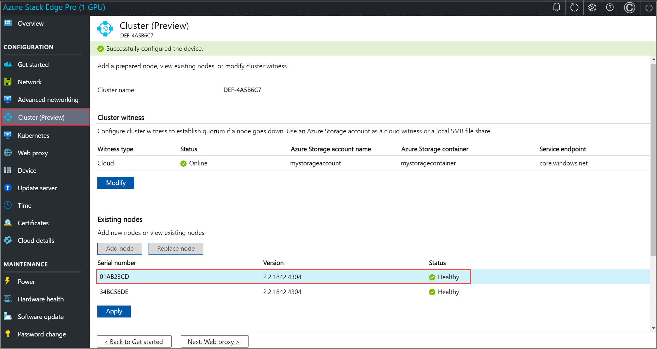 Screenshot of local web U I Cluster page with the Modify option selected for Cluster witness on first node -1.