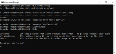 显示 Data Box 解锁工具帮助命令的输出的屏幕截图。