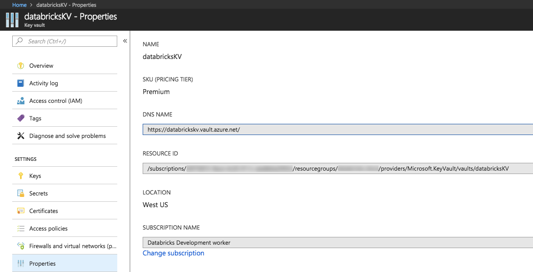 Azure Key Vault 的“属性”选项卡