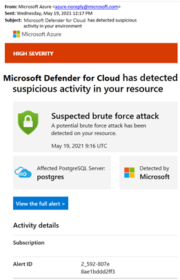 Defender for Cloud 的关于可疑暴力攻击的电子邮件通知。