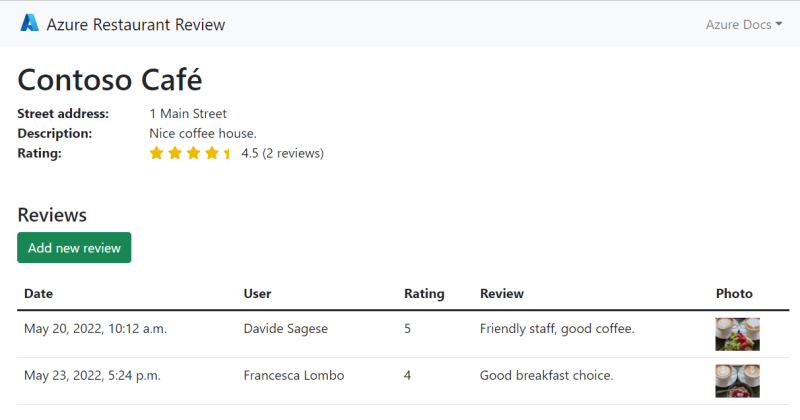 Screenshot of the sample app showing restaurant review functionality using Azure App Service, Azure PostgreSQL Database, and Azure Storage.