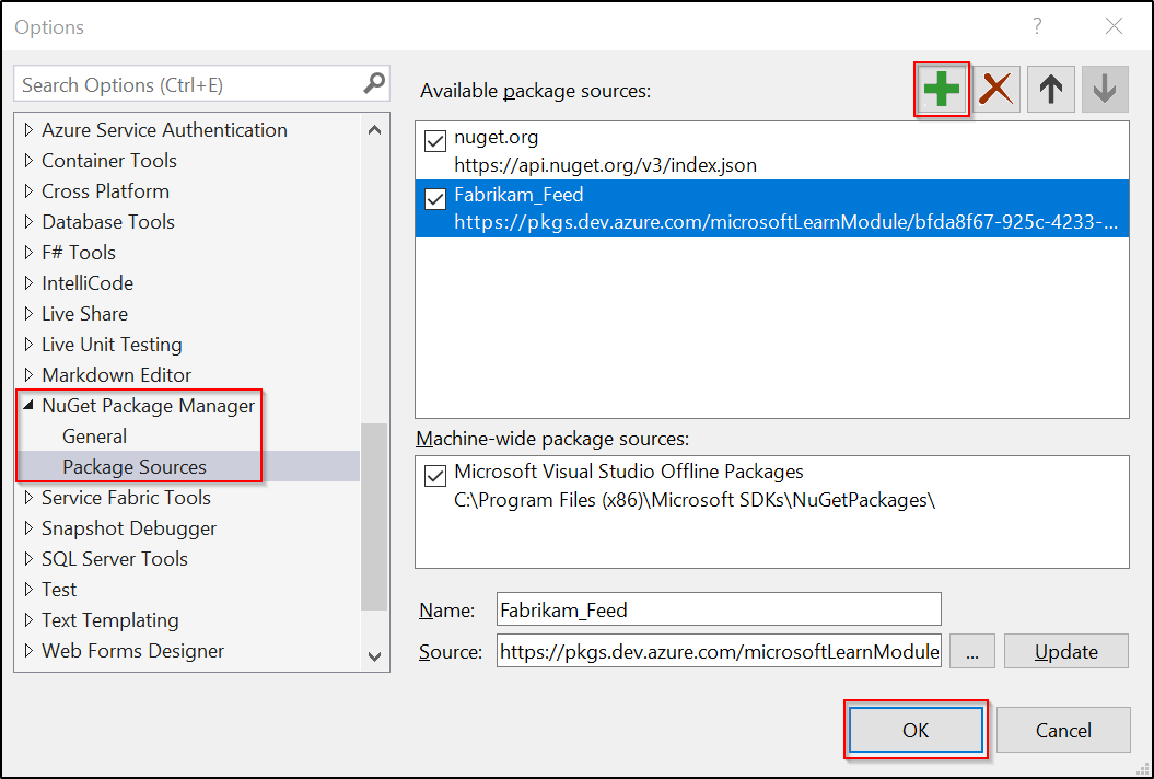 A screenshot displaying how to add a new package source in Visual Studio for Windows.