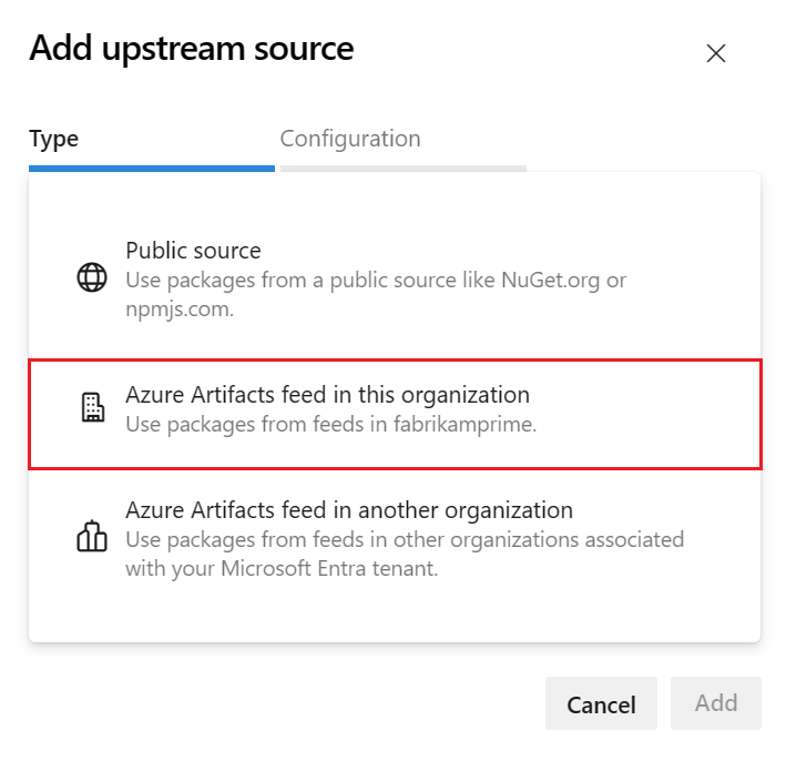 A screenshot showing the types of upstream sources - same org.