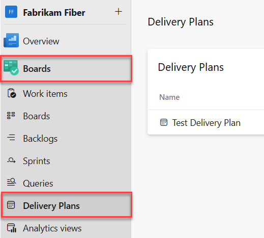 Azure Boards 中“交付计划”区域的屏幕截图。