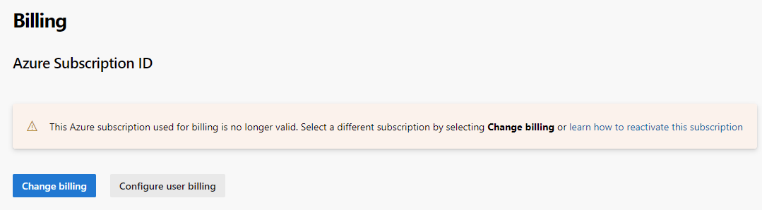 Azure 计费订阅无效的屏幕截图。