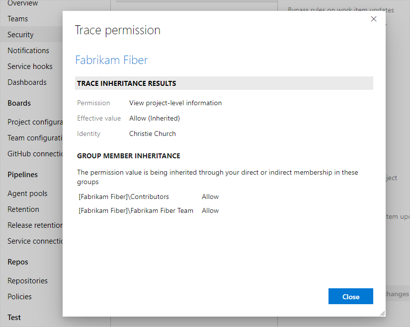 显示继承的权限的跟踪的屏幕截图，Azure DevOps Server 2019 年。