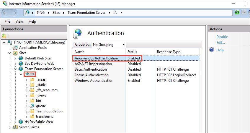 已启用 TFS 匿名身份验证