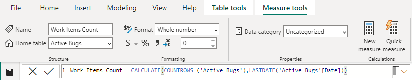 Power BI“度量值工具”选项卡的屏幕截图，“工作项计数”语法。