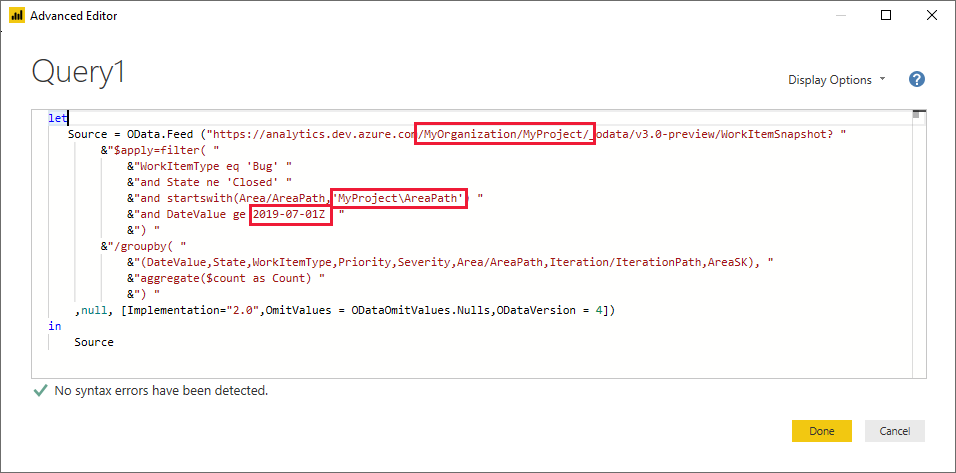 Power BI 的屏幕截图，高级编辑器，替换查询中的字符串。