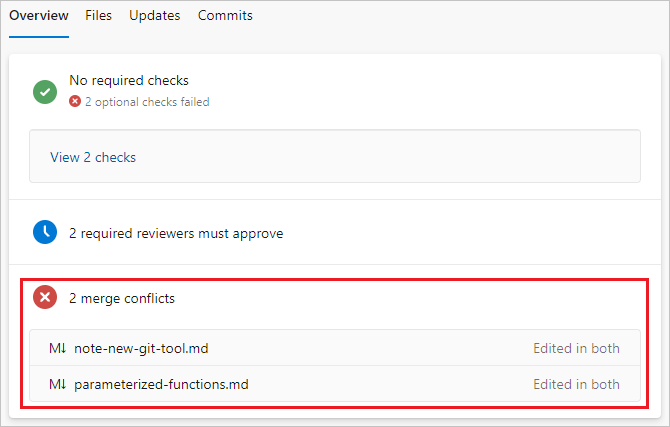 显示 PR 的“概述”选项卡上的合并冲突的屏幕截图。