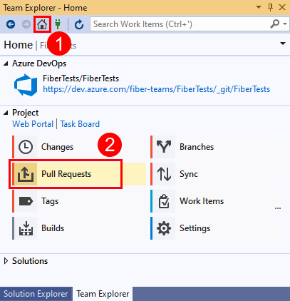 Visual Studio 2019 团队资源管理器中“拉取请求”选项的屏幕截图。