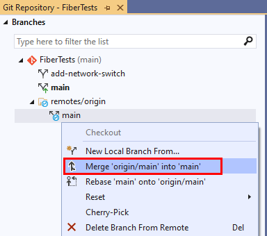 Visual Studio 2019 的“Git 存储库”窗口中“合并”选项的屏幕截图。