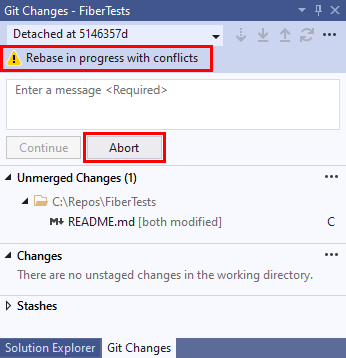 Visual Studio 的“Git 存储库”窗口中变基冲突消息的屏幕截图。