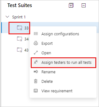 显示“分配测试人员以在测试套件上下文菜单中运行所有测试”选项的屏幕截图。