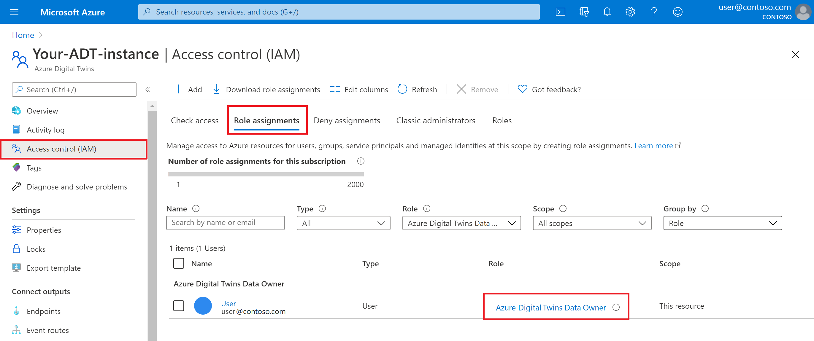 Azure 门户中 Azure 数字孪生实例的角色分配屏幕截图。