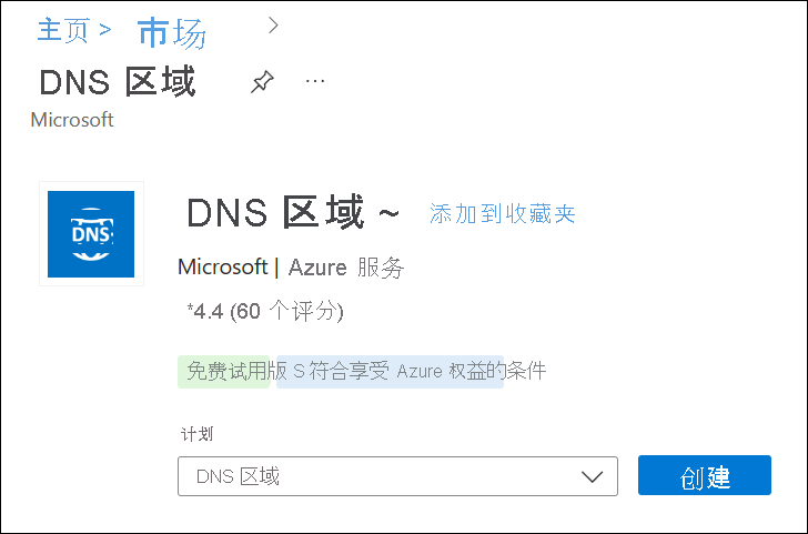 DNS 区域市场的屏幕截图。