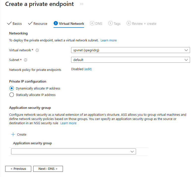 显示创建专用终结点向导的“网络”页的屏幕截图。